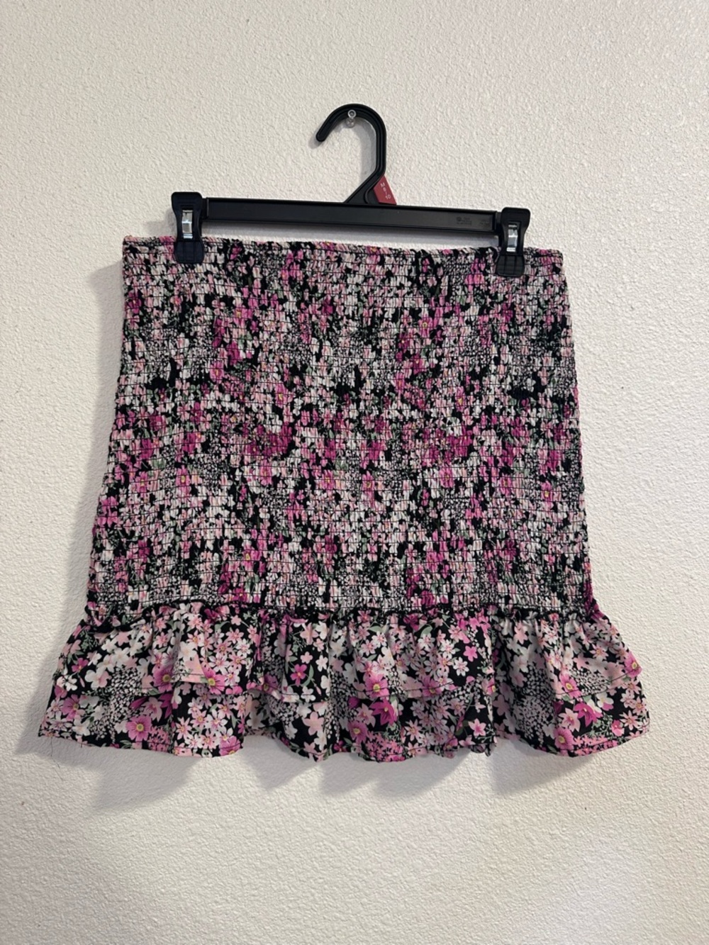 Crystal Doll Black & Pink Smocked Floral Ruffle Mini Skirt